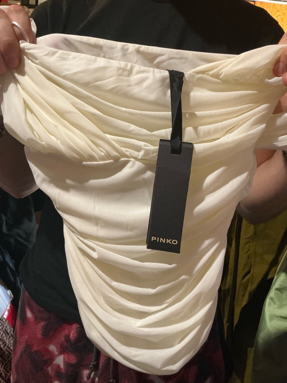 PINKO Cream Off-Shoulder Ruched Dress shirt